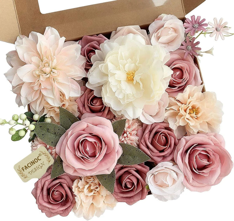 Artificial flower bouquet with pink and cream roses, dark burgundy roses, and buds