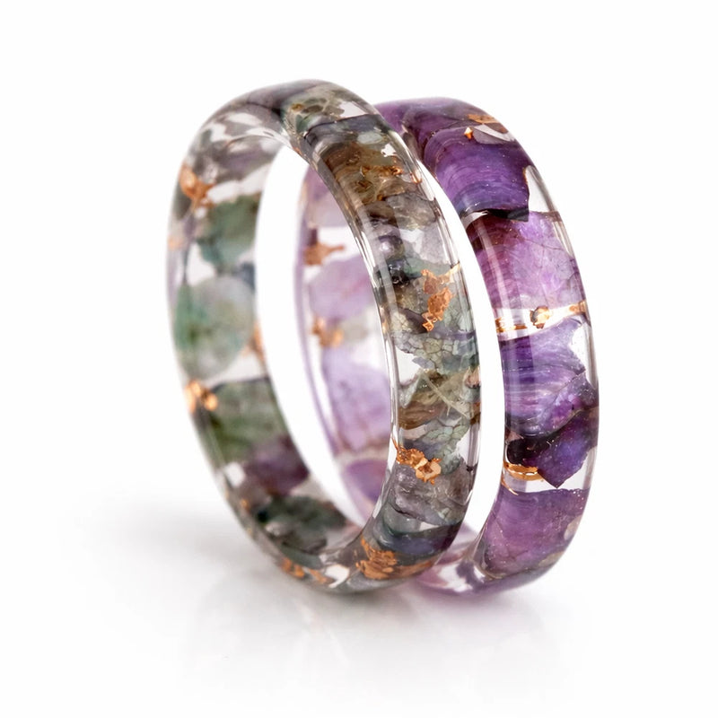 Real Hydrangea Resin Ring Set, Pressed Flower Rings with Gold Flakes Hydrangea