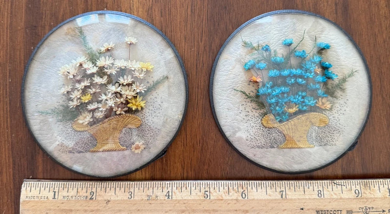 Round vintage dome dried flower plaques with blue bouquet in gold basket