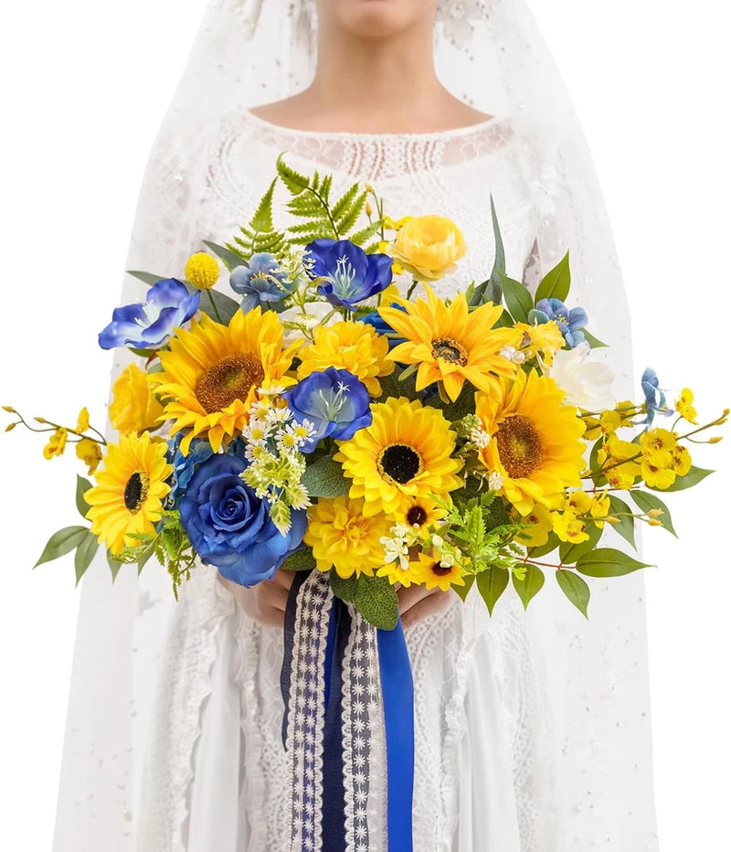 Artificial sunflower bridal bouquet with yellow and blue blooms and blue ribbon wrap