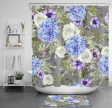 White Rose Blue Hydrangea Flower on Grey Shower Curtain Set for Bathroom Decor Hydrangea