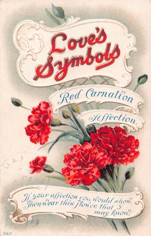 Vintage greeting card with red carnation bouquet and ornate script flower text