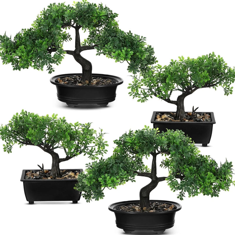 4 Pack Artificial Bonsai Trees - Small Fake Plants in Pots for Home, Office & De Green Plant