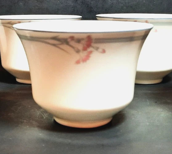 Vintage ceramic dessert bowl with pink carnation floral motif, white finish