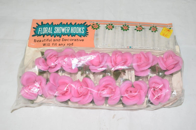 NEW Vintage Pink Floral Roses Shower Curtain Hooks Kresge SEALED MCM K Mart Roses