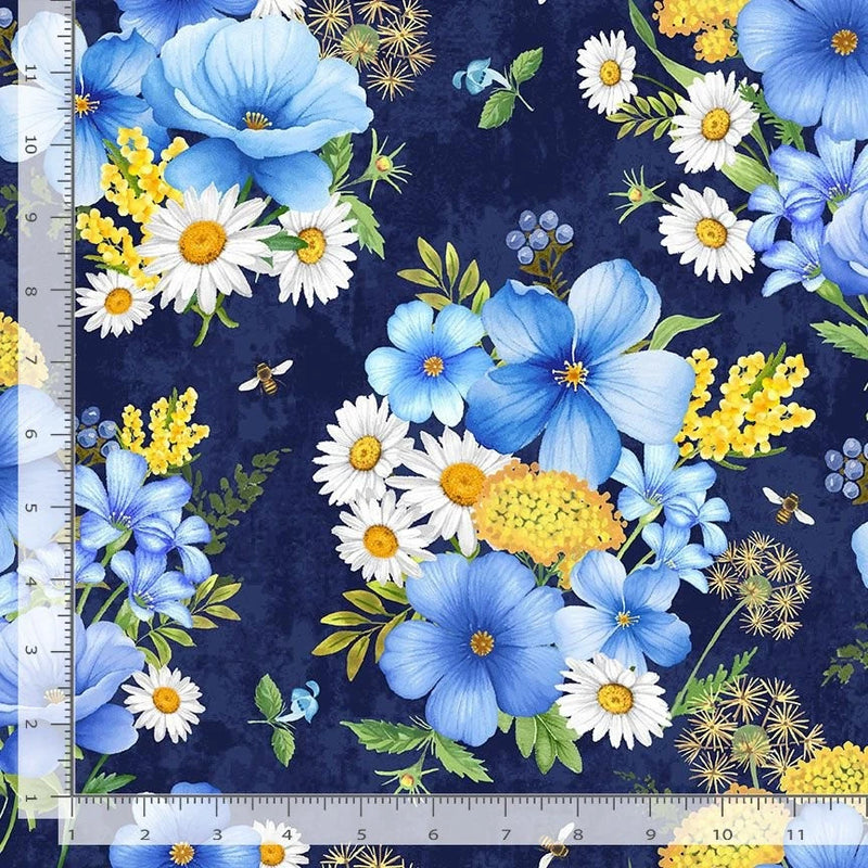Bee Kind Blue Flowers Fabric - By The Yard - Cotton Timeless Treasures CD3256 Flowering Plants