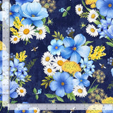 Bee Kind Blue Flowers Fabric - By The Yard - Cotton Timeless Treasures CD3256 Flowering Plants