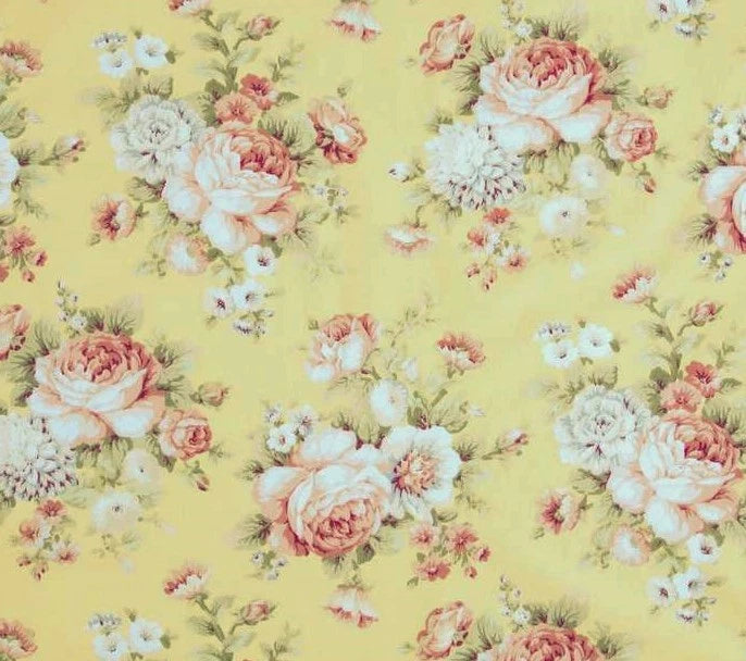 Yellow cotton fabric with large rose and peony floral print