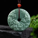 Natural Jade Grade A Green Jadeite Peony Flower Butterfly Circle Women Pendant Peony