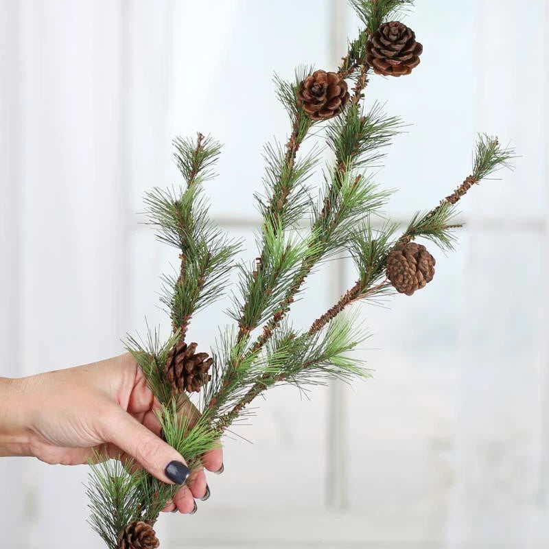 Artificial green pine floral spray with brown pine cones, decorative bundle for decor