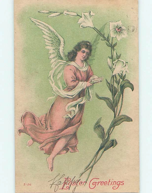 Easter greeting illustration of an angel holding a bible beside a large lily flower