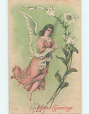 Easter greeting illustration of an angel holding a bible beside a large lily flower