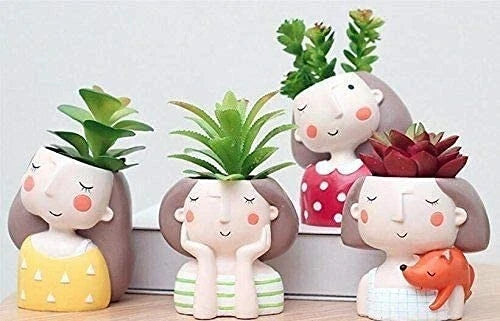 Garden Basket Resin Ceramic Dreaming,Thinking Girl Planter Pots - Pack of 4 Garden Plants