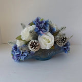 Winter Blue Hydrangea & White Rose Pinecone Centerpiece in Glass Dish Holiday Hydrangea