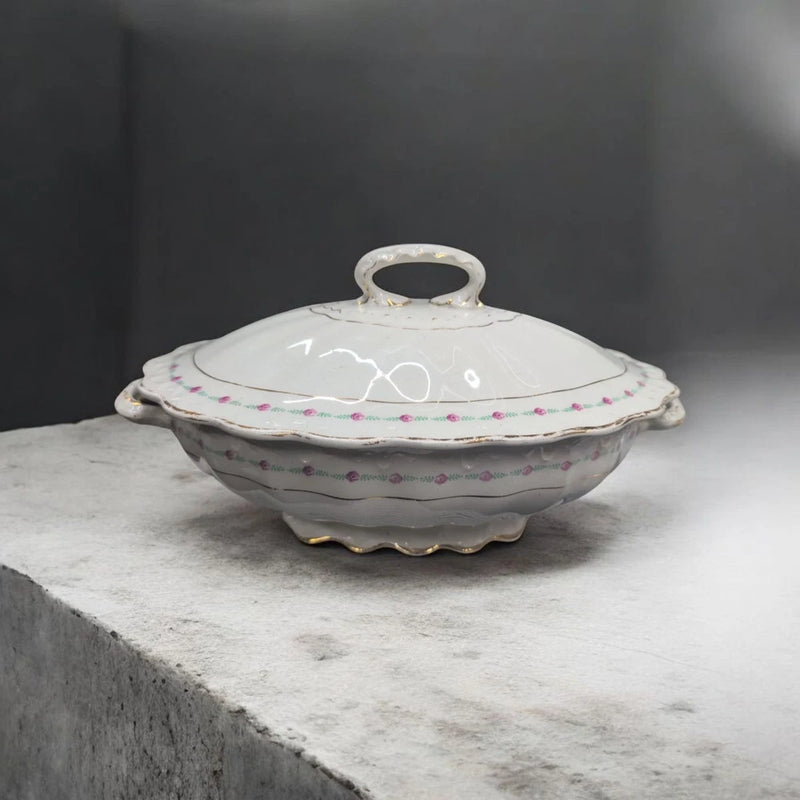 McNicol oval covered dish with lid, white ceramic, scalloped edge and pink floral trim.