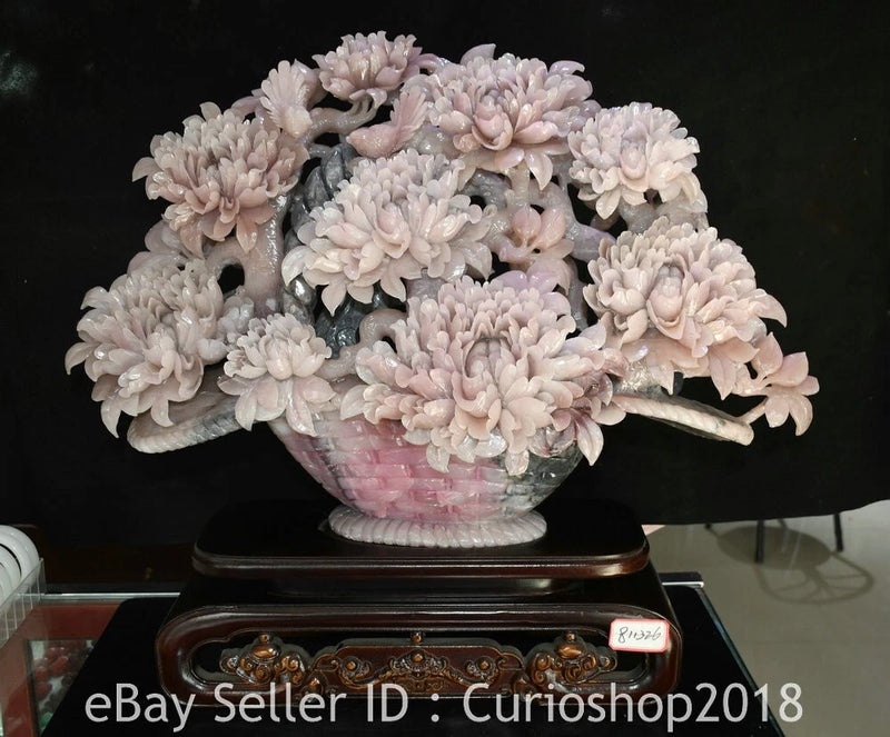 22.8" Old Chinese Dynasty Pink Xiu Jade Carving Peony Flower Potted plant Statue Peony