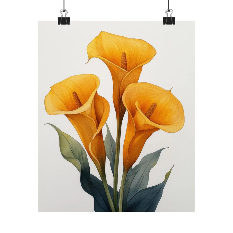 Yellow calla lilies flower art print poster with minimalist botanical design