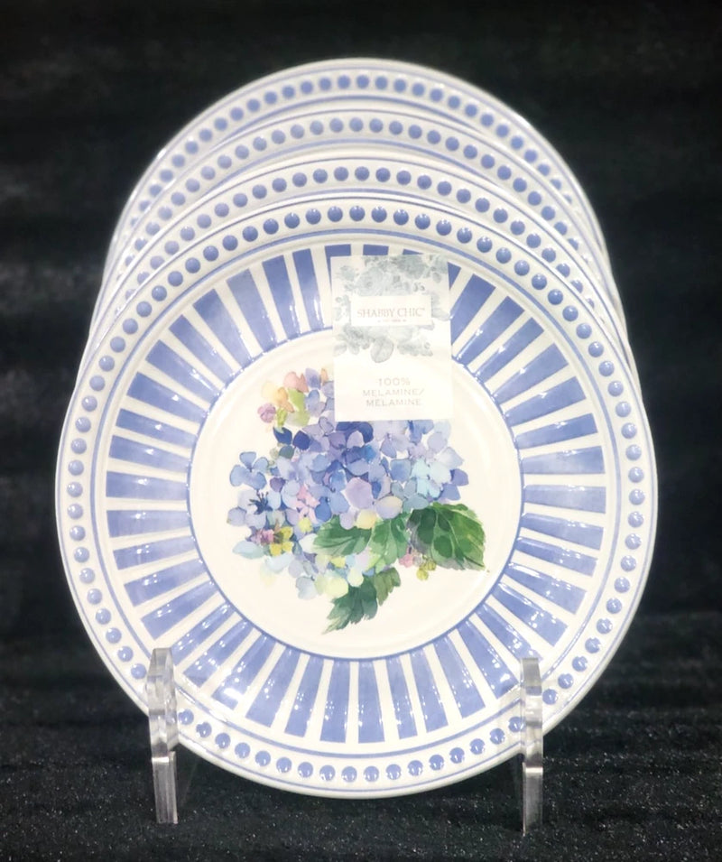 4 Shabby Chic Floral Hydrangea Blue White SALAD Plates 9" Melamine Spring Summer Hydrangea