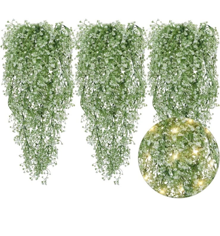 6Pcs GREEN Artificial Hanging Plants W/LED Strip Lights, Room Decor Fake Vines Green Plant