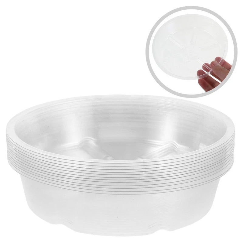 Set of plant saucers: round white plastic pot bottom tray with ridged rim