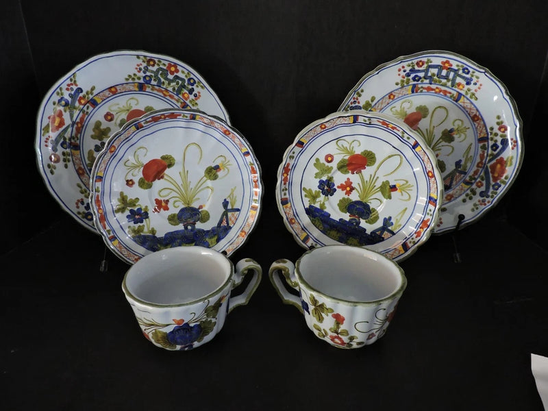 Ceramic 3-piece place setting for 2 with colorful floral border plates and matching mugs