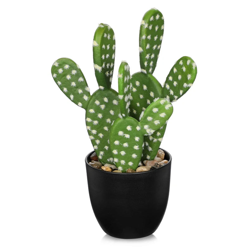 Small faux cactus plant with green pads and white spots in black pot