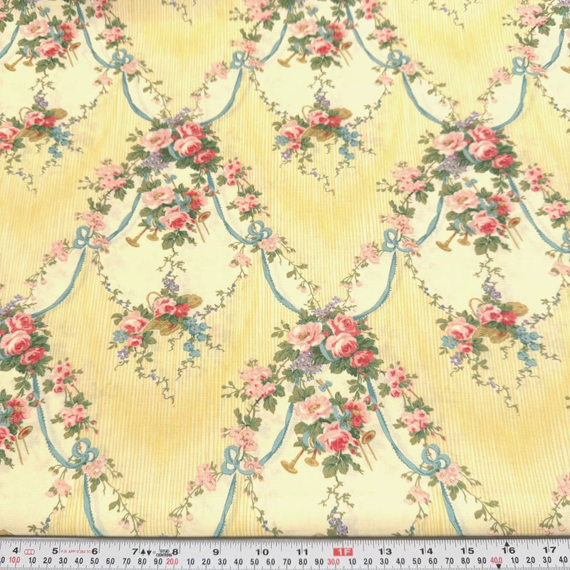 Vtg Florals Ribbon Bows Yellow Stripes Unbranded Cotton Chintz by the HALF YARD Flowering Plants