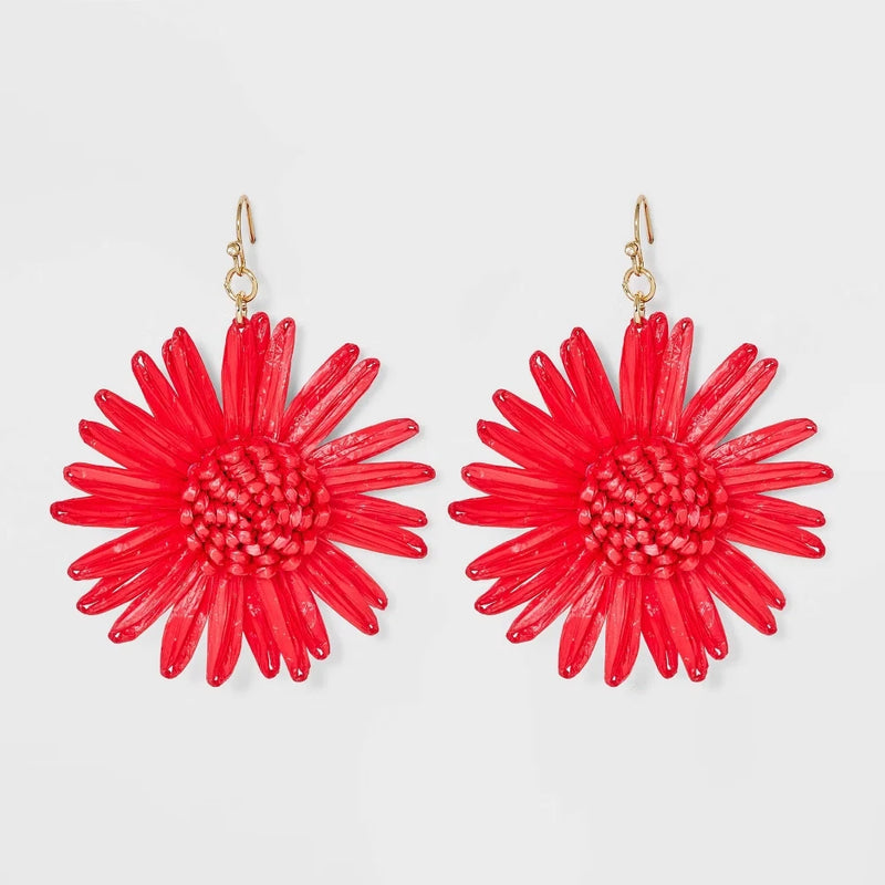 Red raffia sunflower drop earrings with gold-tone hooks, flower design