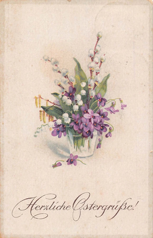 Vintage Easter postcard with violet lily-of-the-valley flowers in a small vase