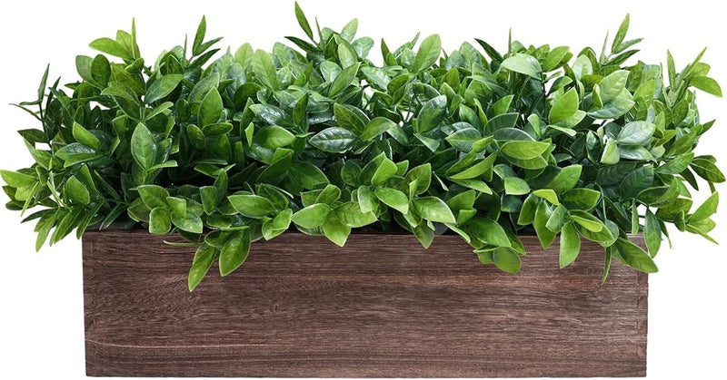 Artificial boxwood greenery in a rectangular wooden planter with lush green leaves