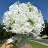 Rose Wedding Bouquets Bride White Bouquets Decoration  Lace Mesh Rose Flower Bouquet