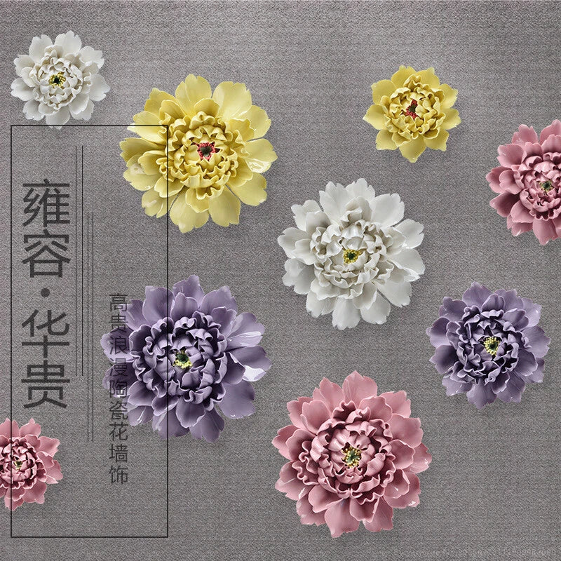 Artificial 3D peony flower wall decor set with cream, yellow, white, pink, and purple blooms