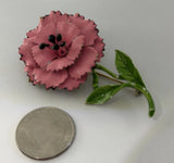 Vintage Mid Century Mod Large Pink Enamel Carnation Black Accents Flower Brooch Carnation