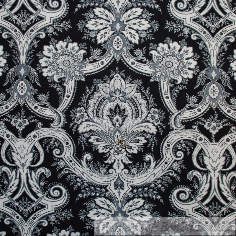 BonEful Fabric FQ Cotton Quilt VTG Black Gray White B&W Flower Damask Xmas Leaf Flowering Plants