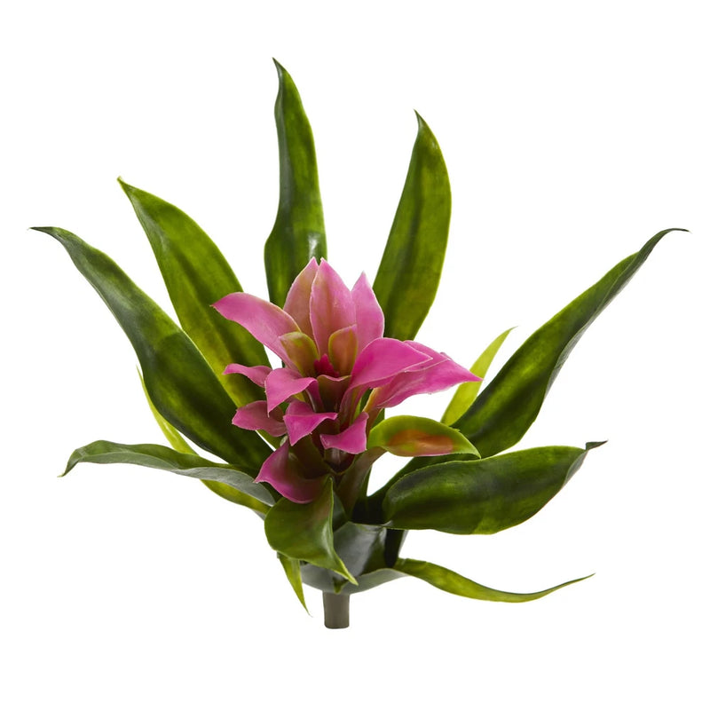 Artificial bromeliad flower with purple blooms and green leaves