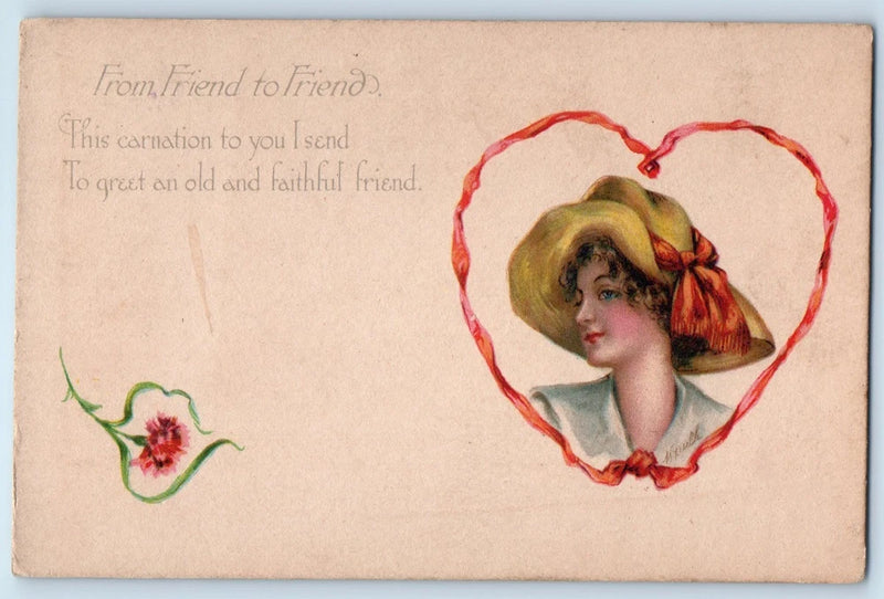 Valentine Pretty Woman Heart From Friend To Friend Carnation Flowers Postcard Carnation