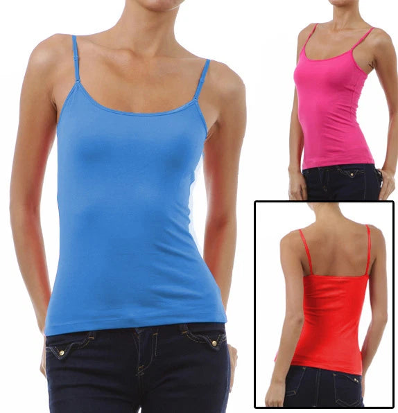 Women’s spaghetti-strap camisole tank top with built-in shelf bra, blue