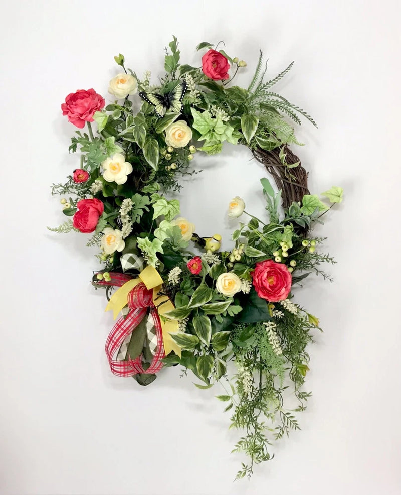LARGE BRIGHT SUMMER GRAPEVINE DOOR WREATH RED YELLOW FLOWERS BIRD DECOR GIFT NEW Ranunculus