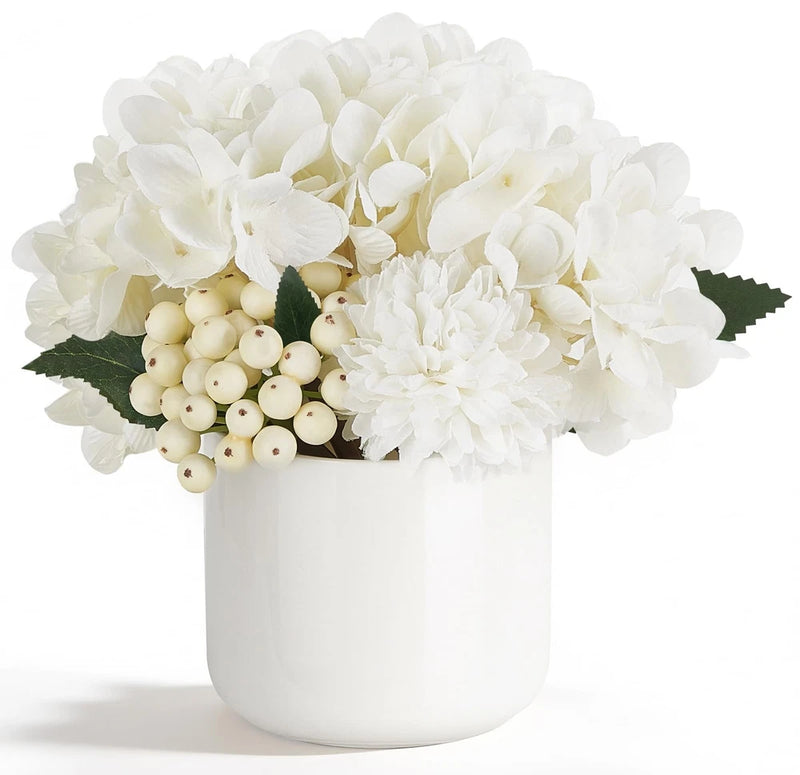 Hydrangea Artificial Flowers in Small Ceramic Vase, Fake Flower Floral Arrang... Hydrangea