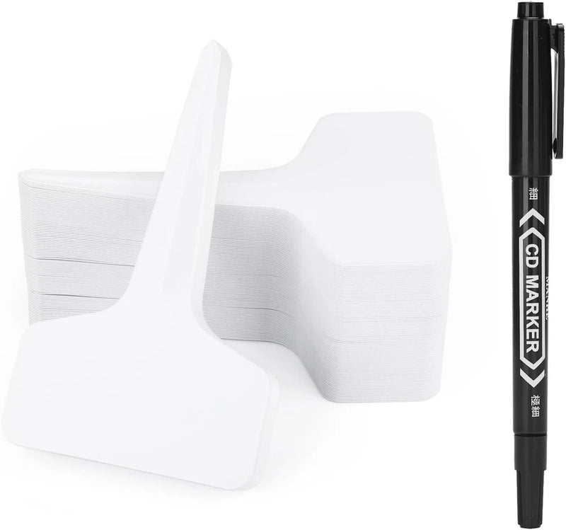 T-type plant name tags with black marker, white plastic label cards, for garden plants