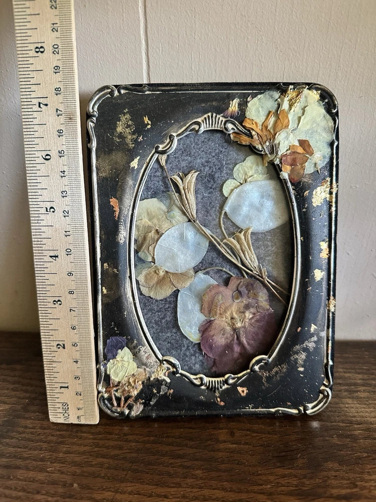 Black metal framed dried pressed flowers with glass over oval arrangement