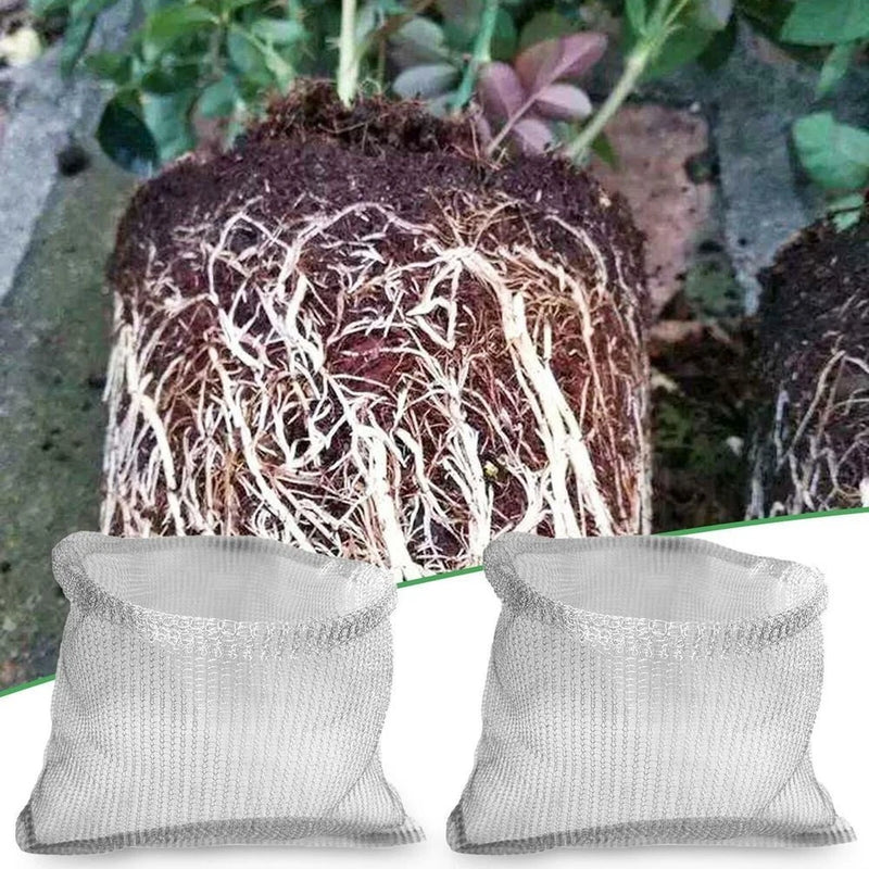Wire mesh root guard baskets, two light gray open bags for bulbs and tubers