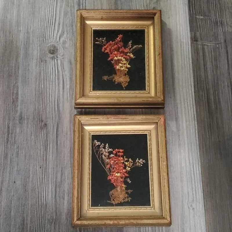 Set of 2 dried flower wall art prints, gold frames with red and beige botanicals