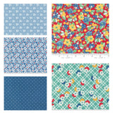 Moda 30s Playtime reproduction cotton quilt fabric blue 5 Fat Eighths 10" x 22" Flowering Plants