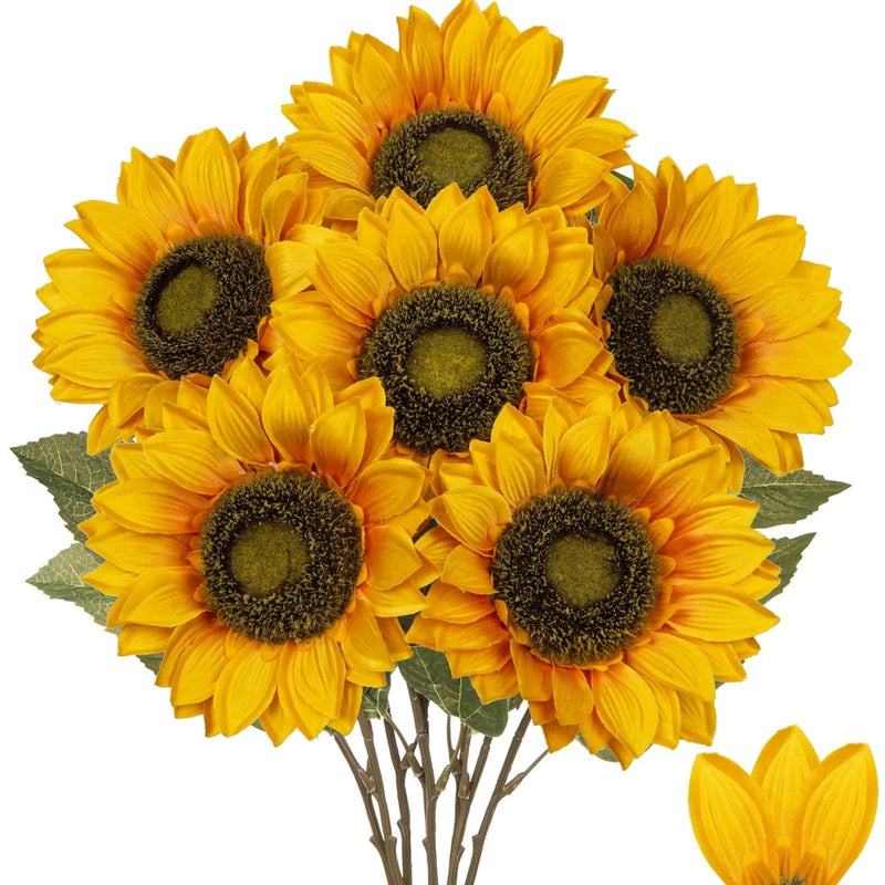 Yellow artificial sunflower bundle with dark brown centers and green leaves