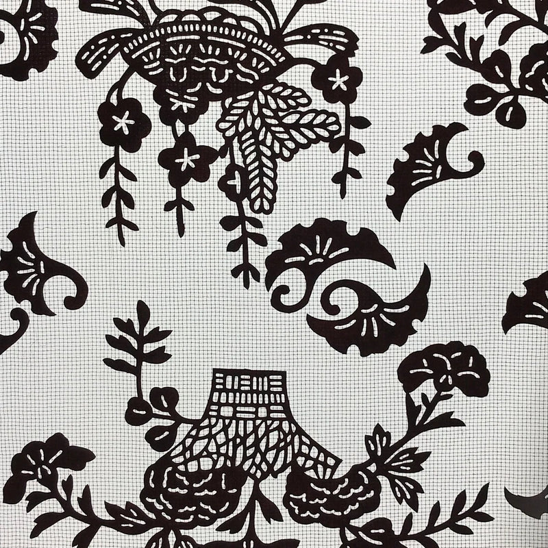 Japanese katagami paper stencil with floral and bird motifs in dark ink