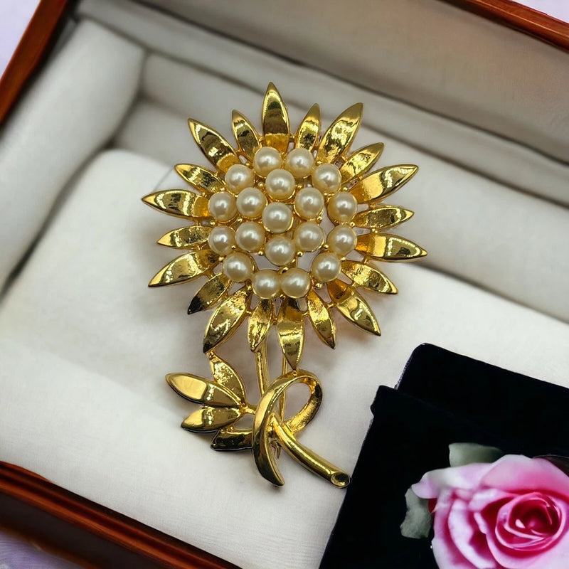Vintage Faux Pearl Accents Blossom Sunflower Flower Gold Tone Brooch Pin Sunflower