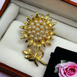 Vintage Faux Pearl Accents Blossom Sunflower Flower Gold Tone Brooch Pin Sunflower