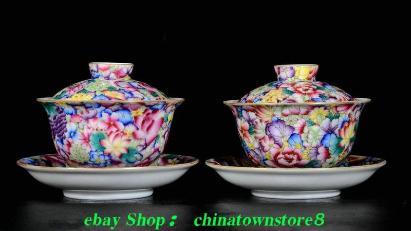 4.9'' Old Qing Qianlong Enamel Colour Porcelain Gilt Peony Flower Tea Cup Pair Peony