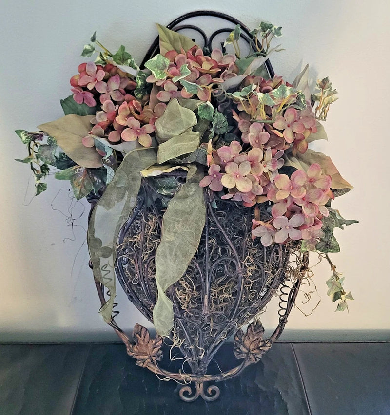 Vintage Metal Iron Flower Basket Wall Hanging with Hydrangea Bouquet 19h x 11w Hydrangea